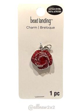 Bead Landing Red Rose Charm Pendant with Austrian Crystal Accent